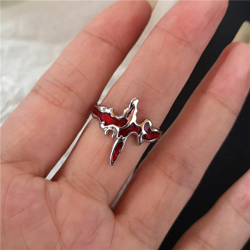 Goth Punk Retro Red Crystal Love Heart Cross Geometry Irregular Open Ring Set Y2K Halloween Accessories For Women Kpop Jewelry - Image 3