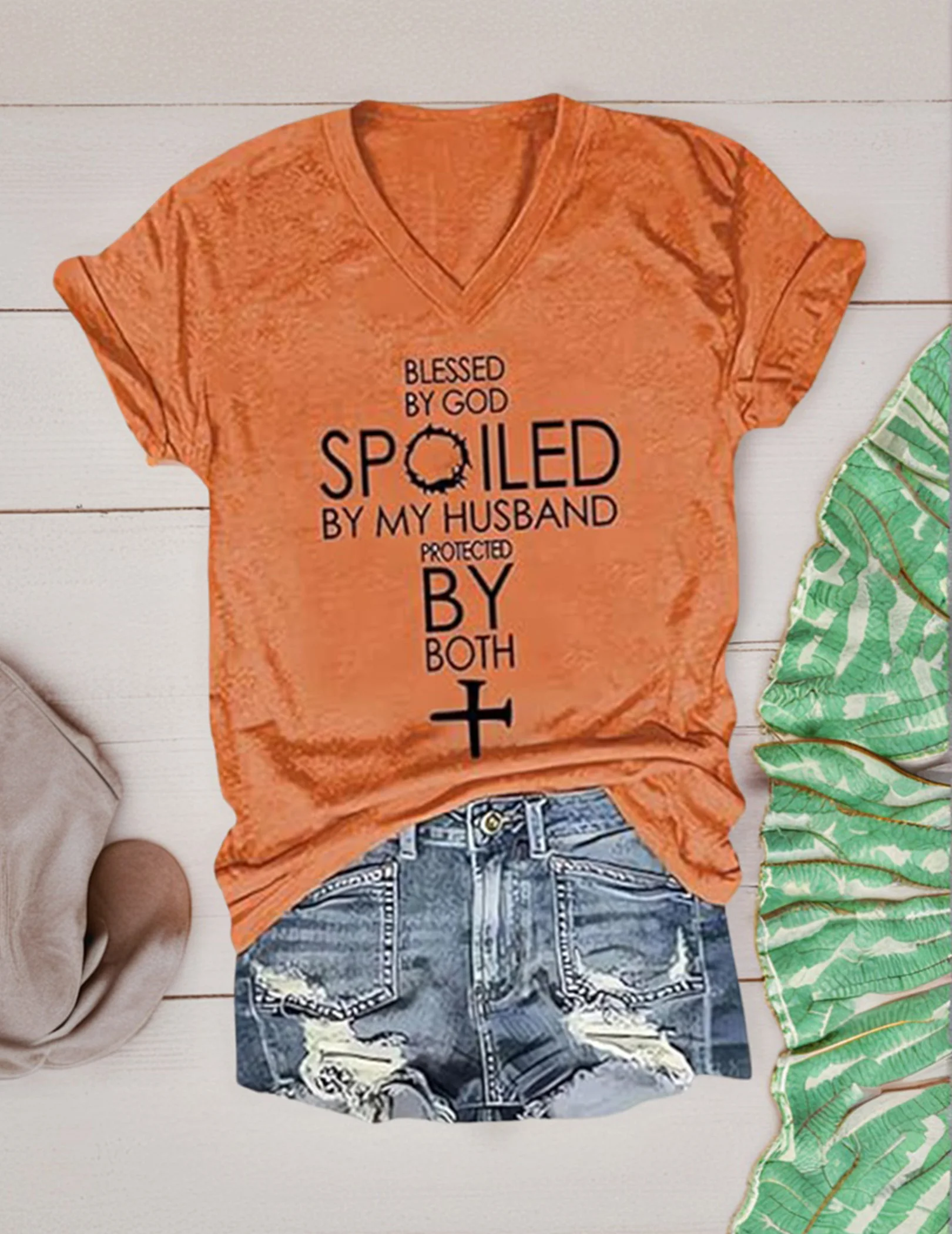 Women V-Neck T-Shirt Blessed by God Letter Printed T-Shirt Multi-Purpose Soft Comfortable Tops for Date Party Outgoing Playing - Image 2