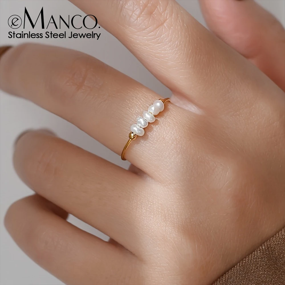 eManco Stainless Steel Freshwater Pearl Ring Five Beaded Women's Ring Fashion Simple Charm Jewelry Surprise Gift for Her