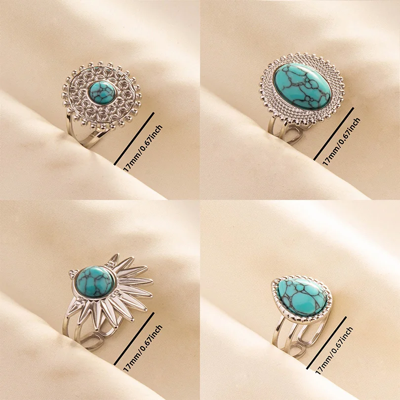 1pc Boho Turquoise Ring Hippie Stainless Steel Light Blue Gemstone Silver Adjustable Ring Women Ethnic Rings Bohemian Jewelry - Image 3
