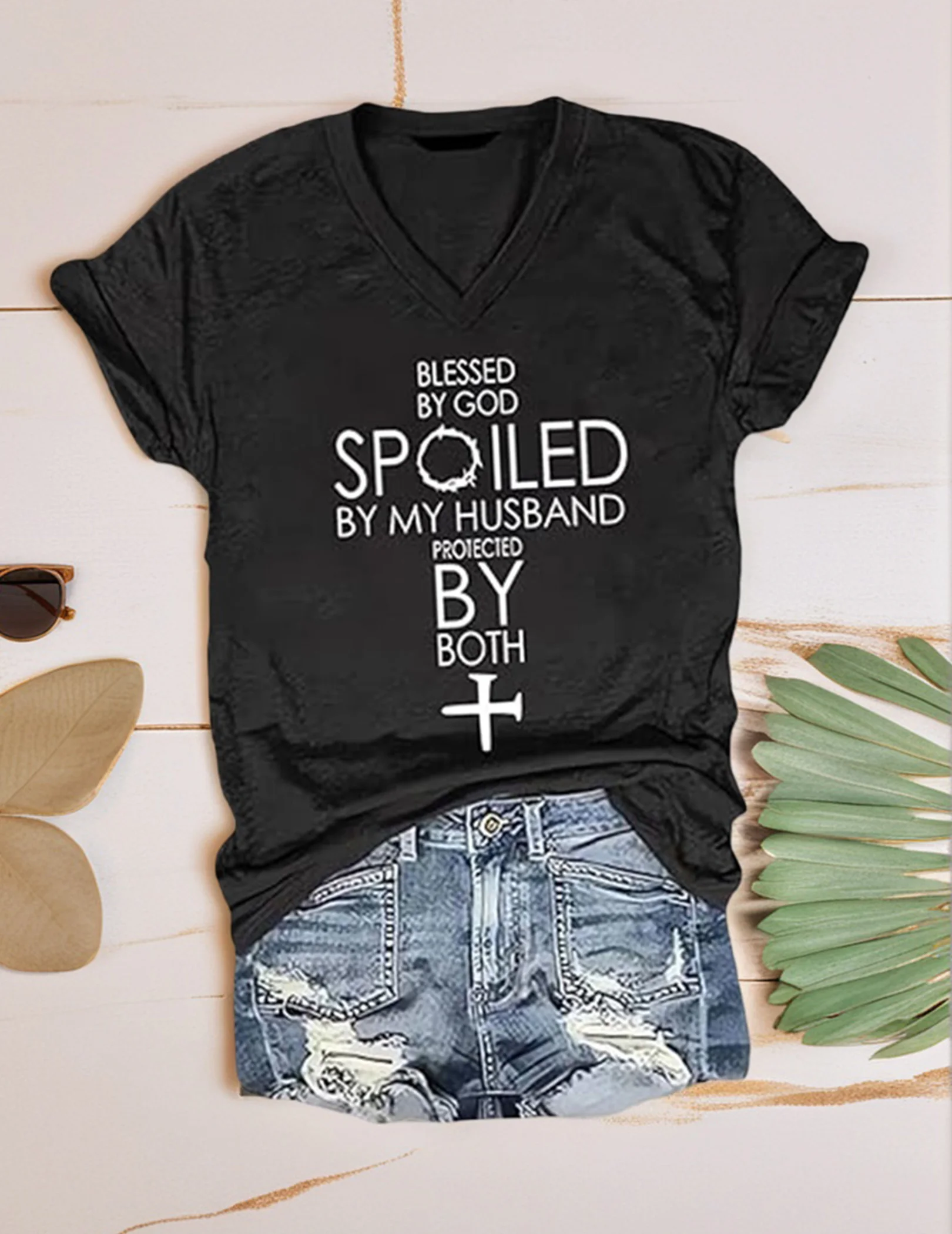 Women V-Neck T-Shirt Blessed by God Letter Printed T-Shirt Multi-Purpose Soft Comfortable Tops for Date Party Outgoing Playing - Image 5