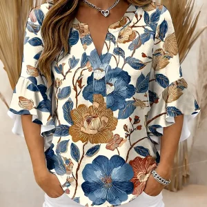 Women's Floral Blouse Blue Yellow V-neck ruffle sleeves Elegant Graphic Tops Summer Casual Loose Fit Fashion Women Clothing New
