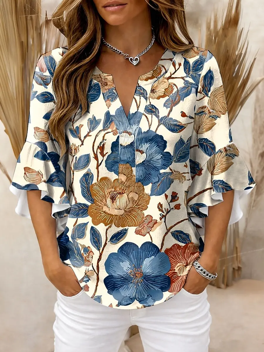 Women's Floral Blouse Blue Yellow V-neck ruffle sleeves Elegant Graphic Tops Summer Casual Loose Fit Fashion Women Clothing New