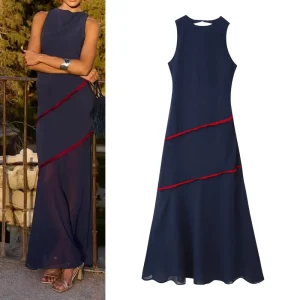 Summer O-neck Sleeveless Patchwork Contrasting Tassel Decoration Long Dress Women Backless Chiffon Hem Dress Female Sexy Wear