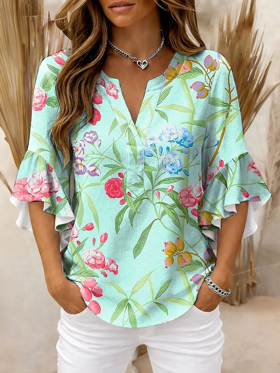 Women's Floral Blouse Blue Yellow V-neck ruffle sleeves Elegant Graphic Tops Summer Casual Loose Fit Fashion Women Clothing New - Image 4