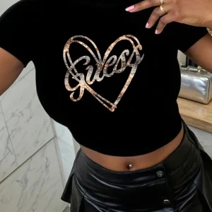 Lady Cool Girl Short Sleeve Heart Retro Print Round Neck T-Shirt, Tight and Sleeveless, Women's Clothing