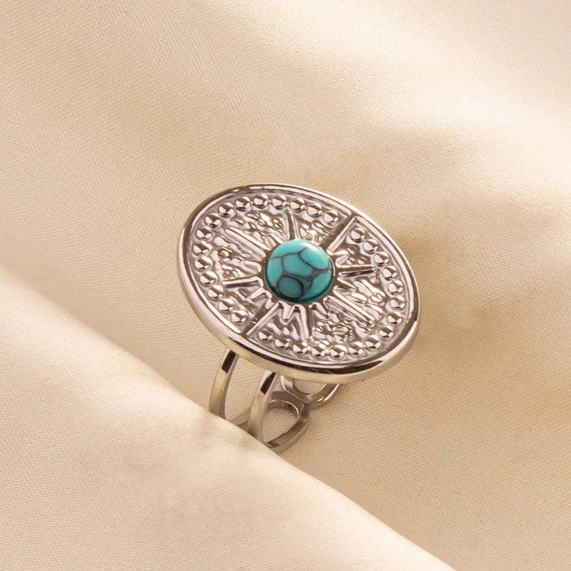 1pc Boho Turquoise Ring Hippie Stainless Steel Light Blue Gemstone Silver Adjustable Ring Women Ethnic Rings Bohemian Jewelry - Image 6