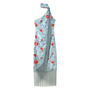 Women Satin Floral Print Halter Neck Dress Fringe Trim Asymmetrical Hem Party Maxi Dress for Beach Vacation