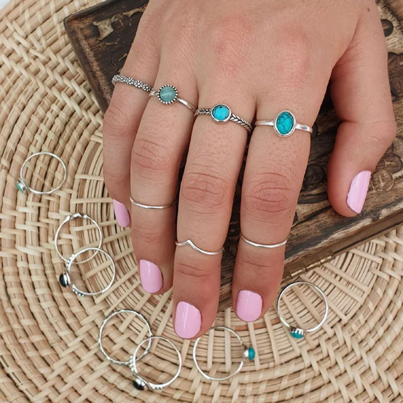 1pc Boho Turquoise Ring Hippie Stainless Steel Light Blue Gemstone Silver Adjustable Ring Women Ethnic Rings Bohemian Jewelry - Image 4