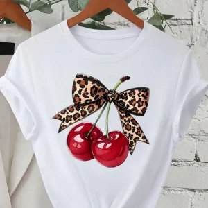 Fashion Cherry Print Women T-Shirt Short Sleeve Crew Neck Casual Tops for Summer Spring Women's Clothing Tops Tees