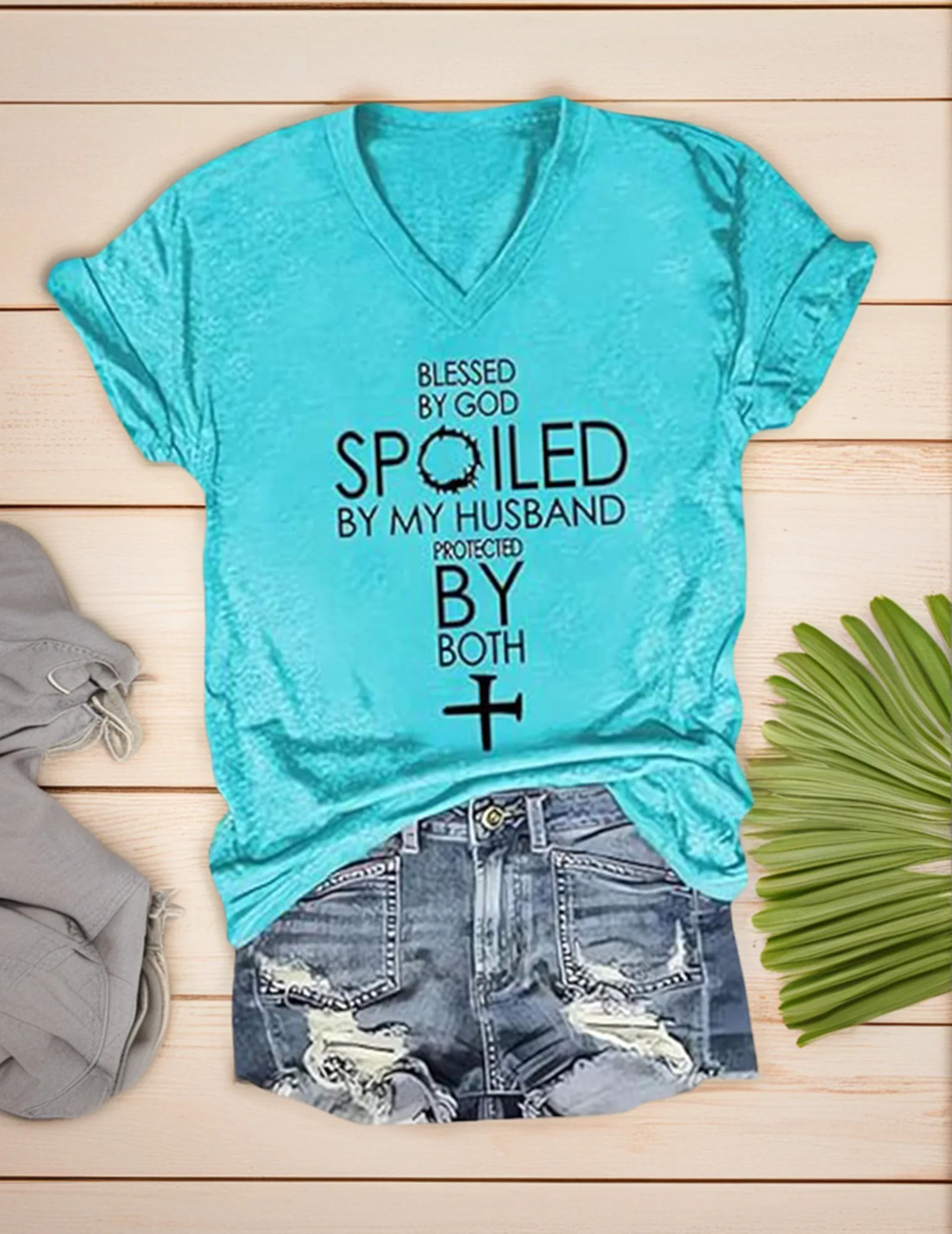 Women V-Neck T-Shirt Blessed by God Letter Printed T-Shirt Multi-Purpose Soft Comfortable Tops for Date Party Outgoing Playing - Image 4