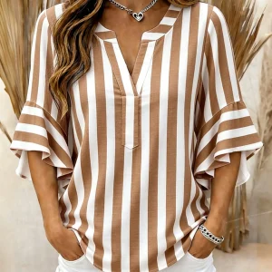 Women's Vintage Multi colored striped Blouse V-neck ruffle sleeves T-Shirt Elegant Top Summer Casual Fit Fashion Women Clothing