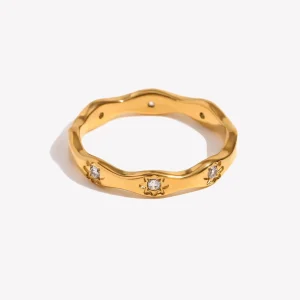 E.B.belle Rhinestone Eight Awn Star Wave Shape Ring Stainless Steel 18k Gold Plated Exquisite Women Jewelry For Party Dating