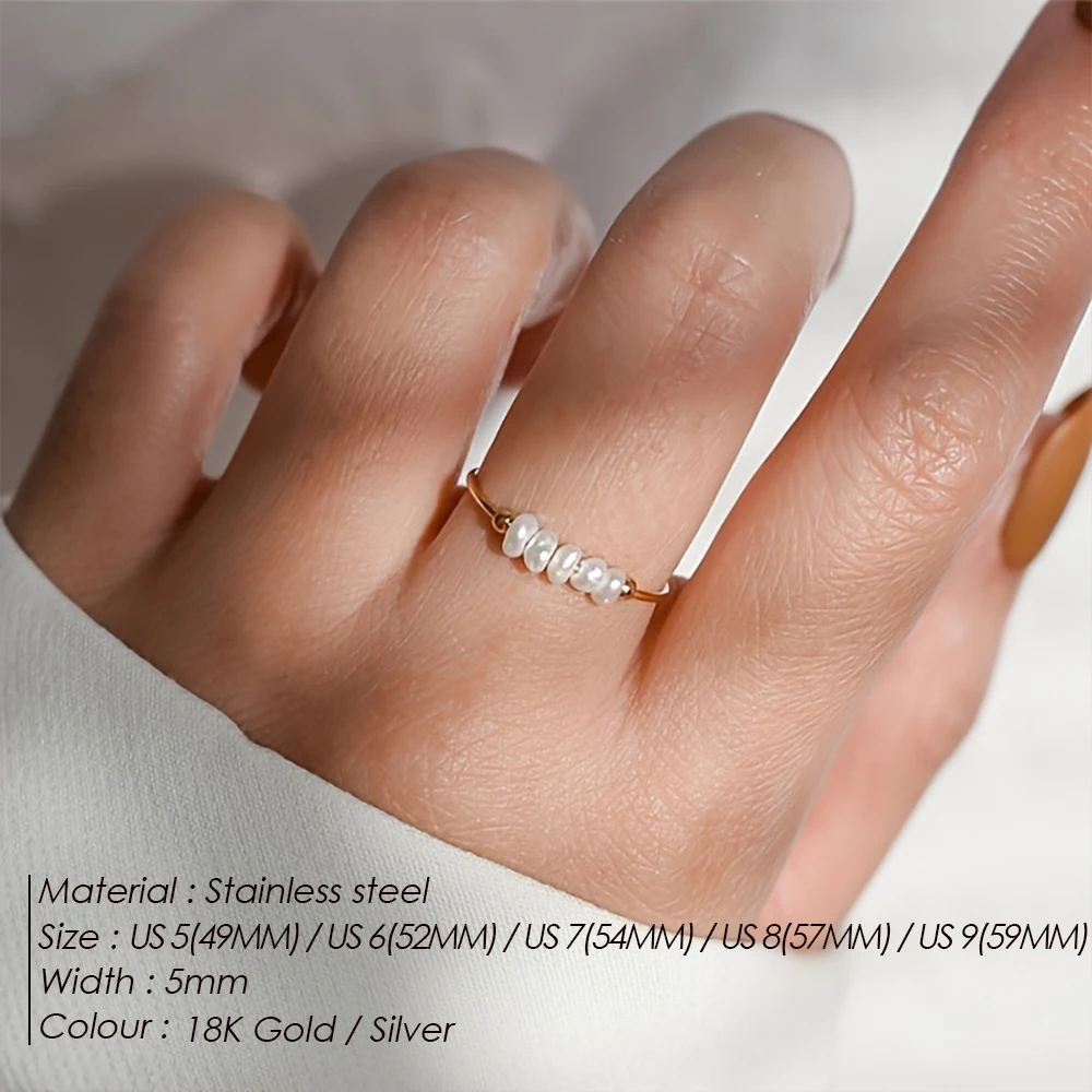 eManco Stainless Steel Freshwater Pearl Ring Five Beaded Women's Ring Fashion Simple Charm Jewelry Surprise Gift for Her - Image 2