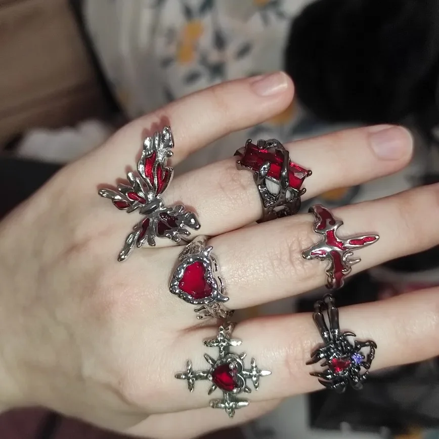 Goth Punk Retro Red Crystal Love Heart Cross Geometry Irregular Open Ring Set Y2K Halloween Accessories For Women Kpop Jewelry - Image 5
