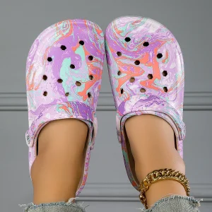 Garden Clogs Comfortable Women's Tie-dye Pattern Clogs, Slip On Lightweight Two-way Wear Clogs, Non-slip Summer Beach Slides 666