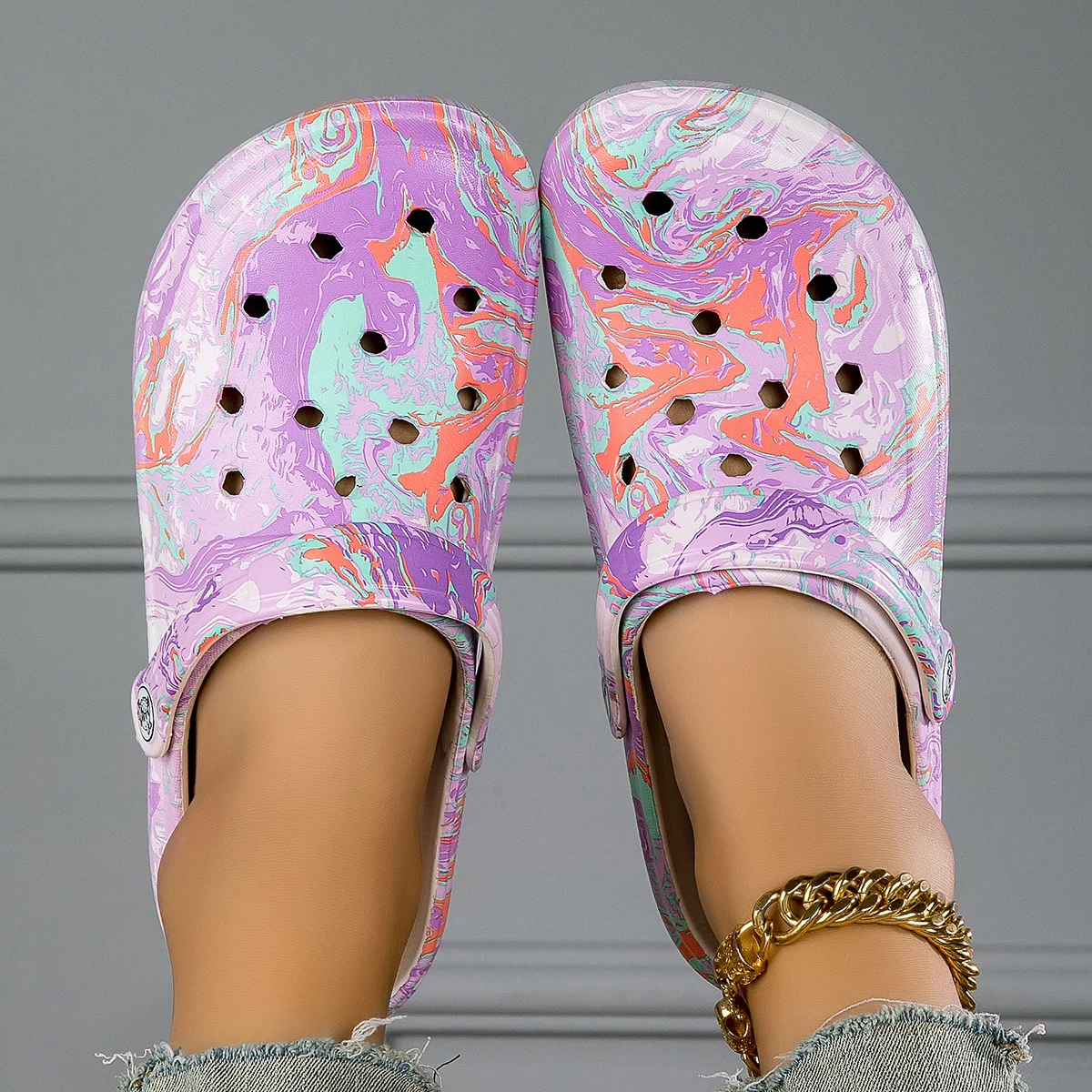 Garden Clogs Comfortable Women's Tie-dye Pattern Clogs, Slip On Lightweight Two-way Wear Clogs, Non-slip Summer Beach Slides 666