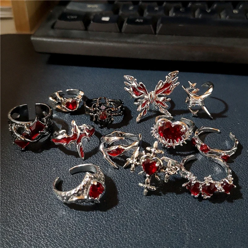 Goth Punk Retro Red Crystal Love Heart Cross Geometry Irregular Open Ring Set Y2K Halloween Accessories For Women Kpop Jewelry - Image 2