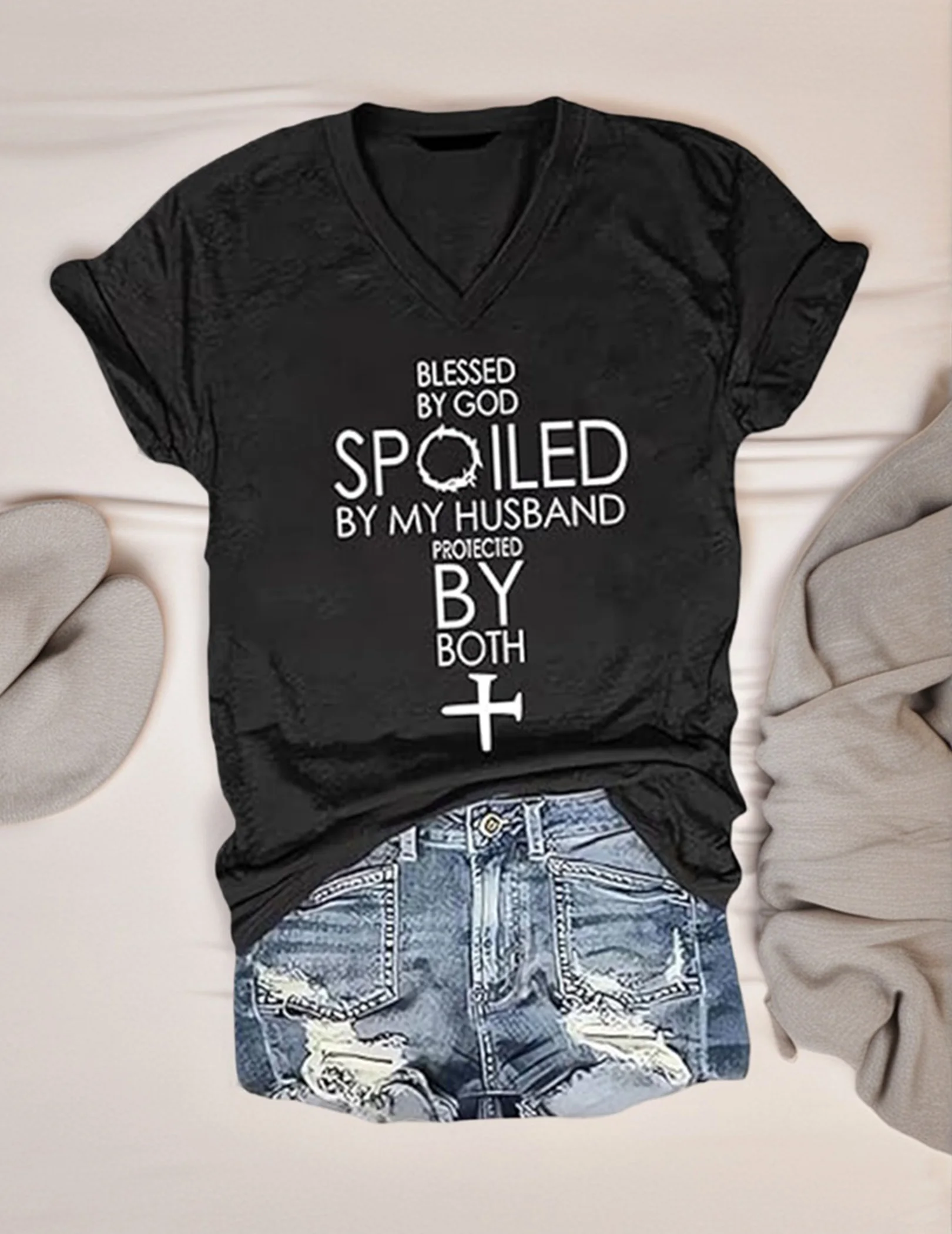 Women V-Neck T-Shirt Blessed by God Letter Printed T-Shirt Multi-Purpose Soft Comfortable Tops for Date Party Outgoing Playing - Image 3