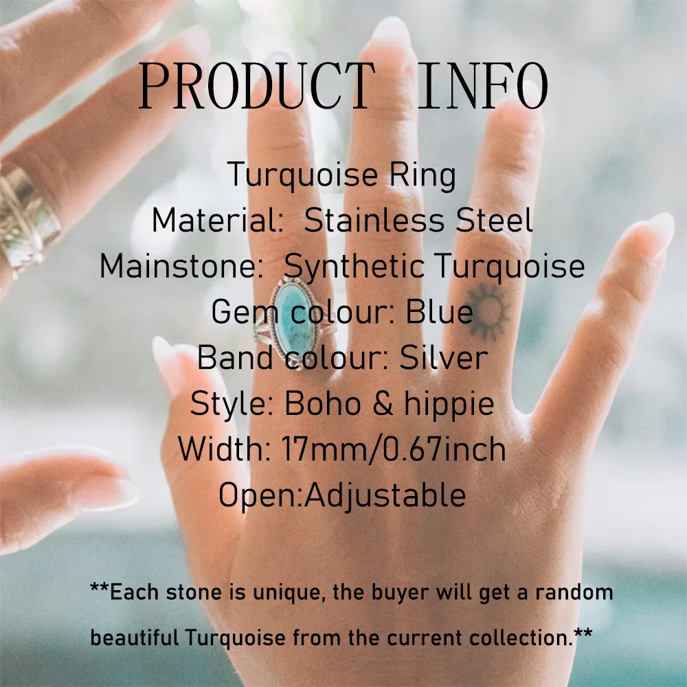 1pc Boho Turquoise Ring Hippie Stainless Steel Light Blue Gemstone Silver Adjustable Ring Women Ethnic Rings Bohemian Jewelry - Image 2