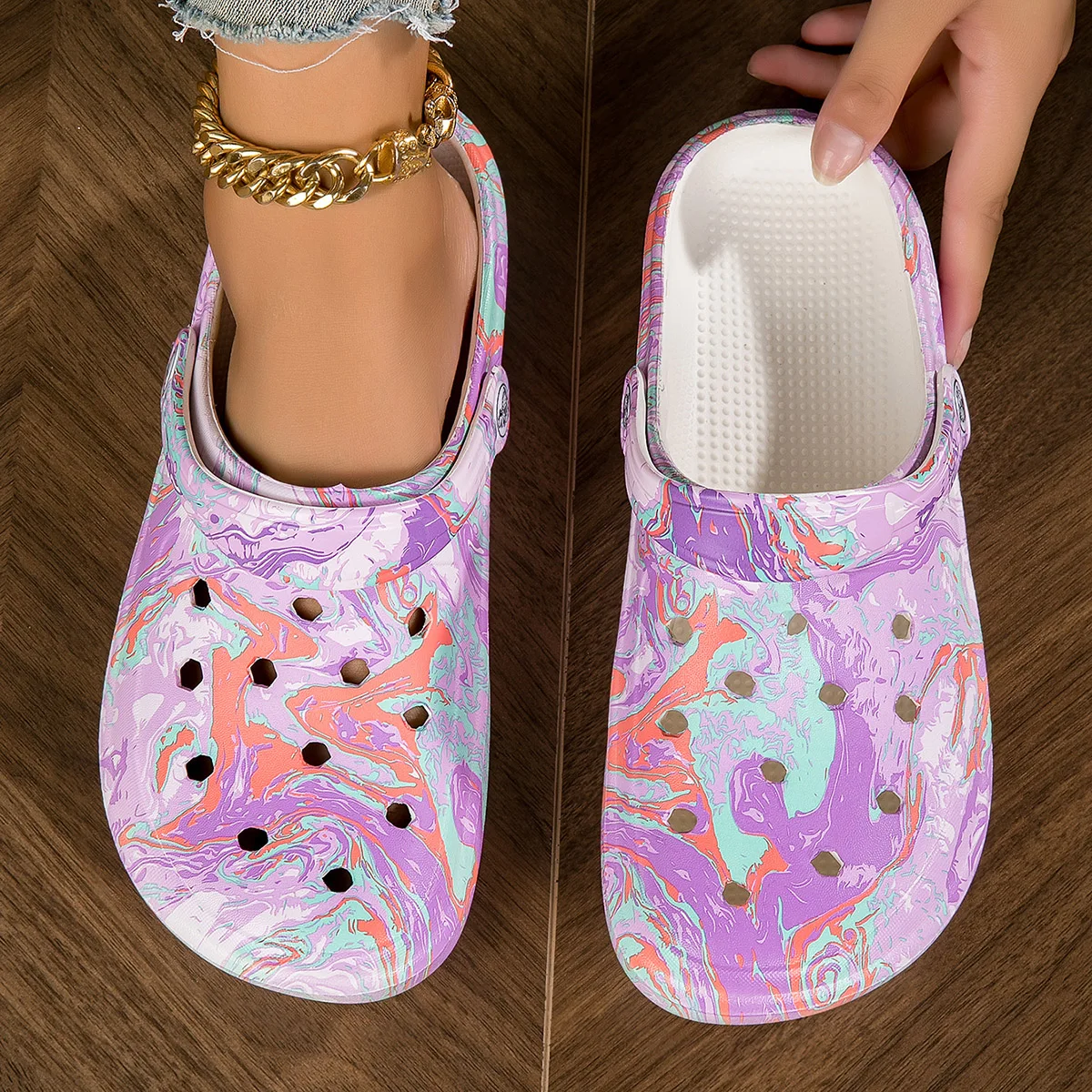 Garden Clogs Comfortable Women's Tie-dye Pattern Clogs, Slip On Lightweight Two-way Wear Clogs, Non-slip Summer Beach Slides 666 - Image 3